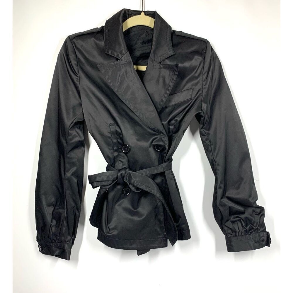 Seven7 for all Mankind Shiny Black Short Belted Trench Jacket Coat Size M